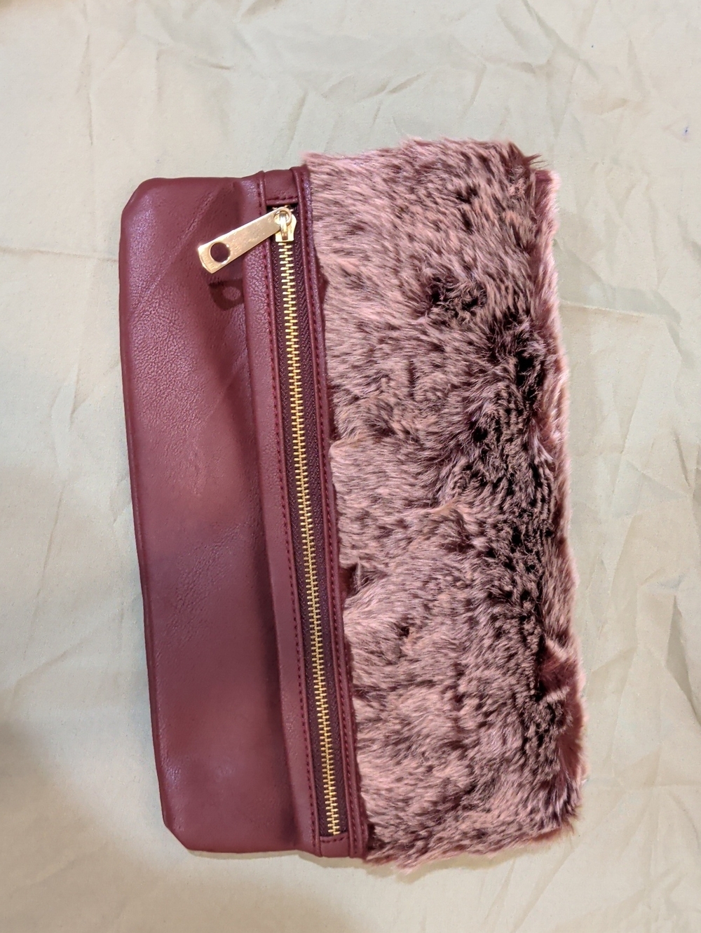 Burgundy Faux Fur Zip Clutch